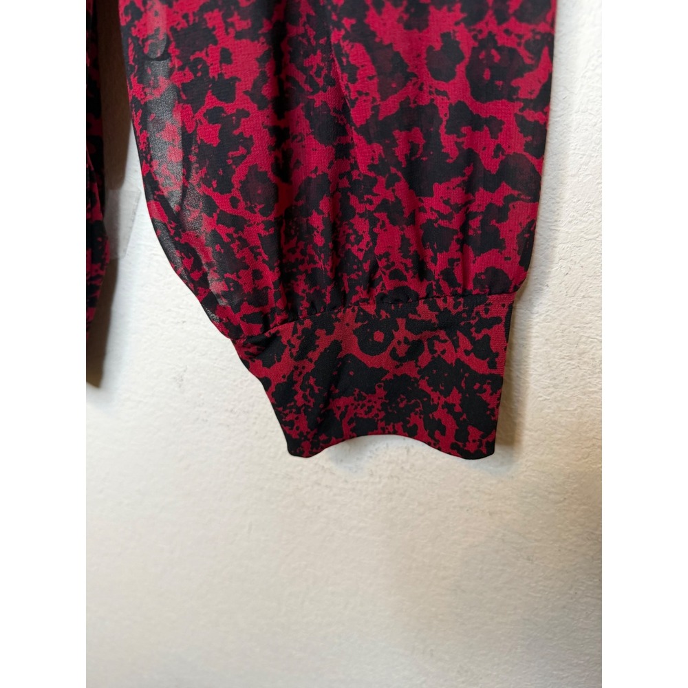 Calvin Klein 1X Red Black Abstract Animal Print V-Neck Smocked Office Blouse Top - Picture 8 of 14